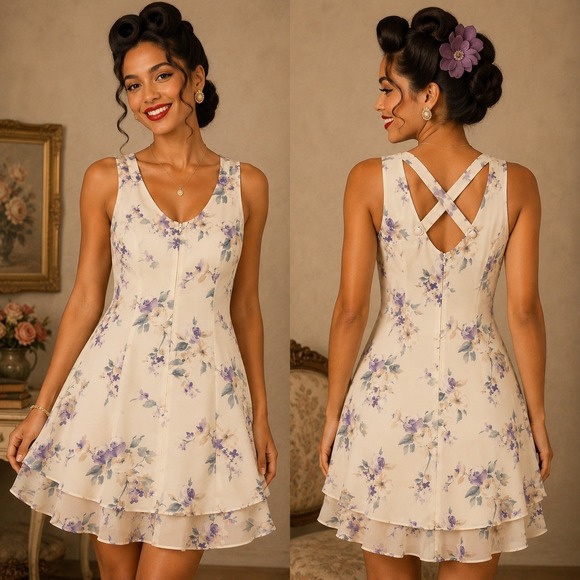 Vintage Dresses & Skirts - M 126 Vintage Scarlett Floral Chiffon Fit & Flare Dress Size 8 Cottage Romantic